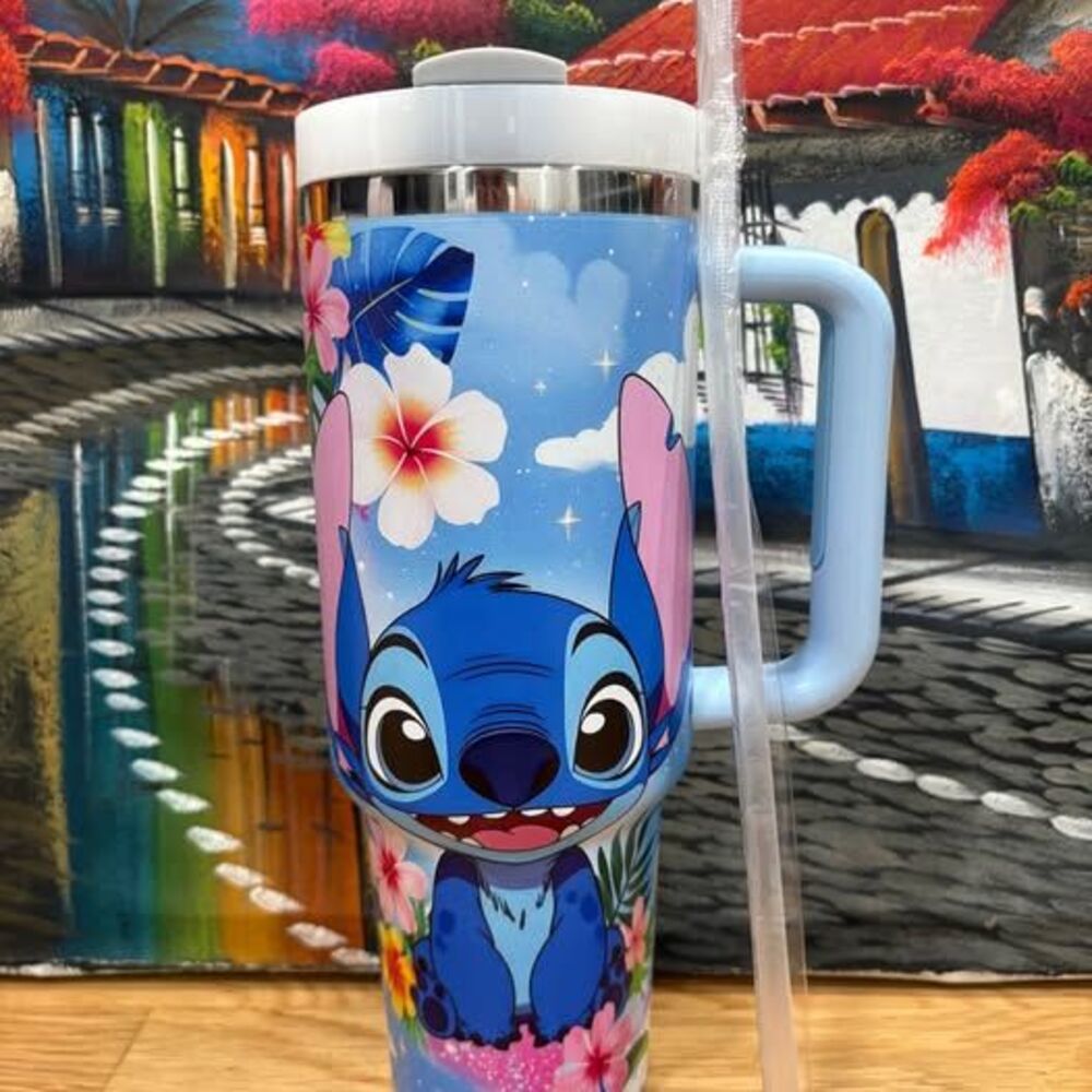 Stitch-Inspired Floral 40 oz Tumbler with Handle & Straw